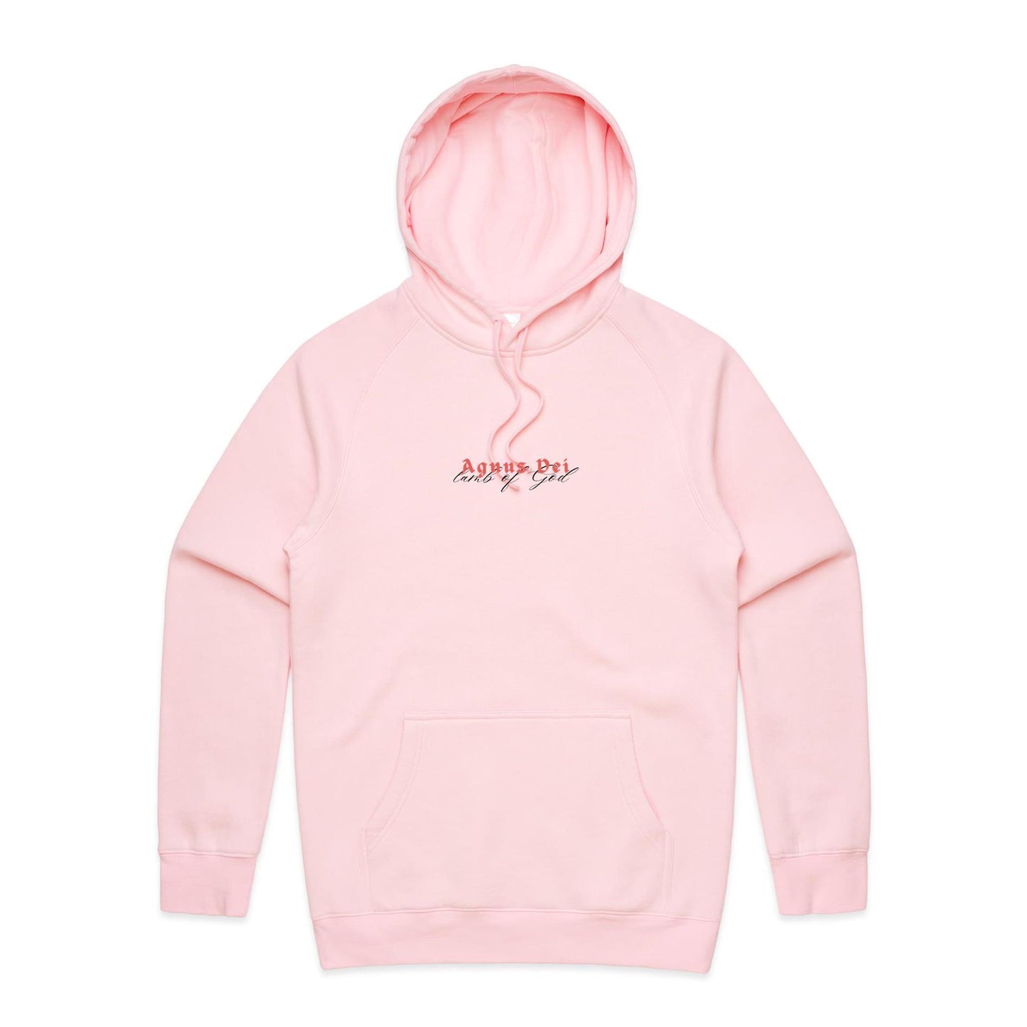 Christian hoodie featuring “Agnus Dei” in bold red gothic lettering, with “Lamb of God” in elegant black script beneath. A faith-based design by Lighthouse Christian Clothing, honoring Christ's sacrifice as the Lamb who takes away the sins of the world.