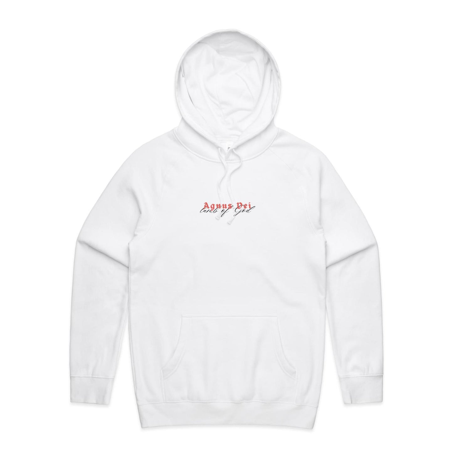 Christian hoodie featuring “Agnus Dei” in bold red gothic lettering, with “Lamb of God” in elegant black script beneath. A faith-based design by Lighthouse Christian Clothing, honoring Christ's sacrifice as the Lamb who takes away the sins of the world.