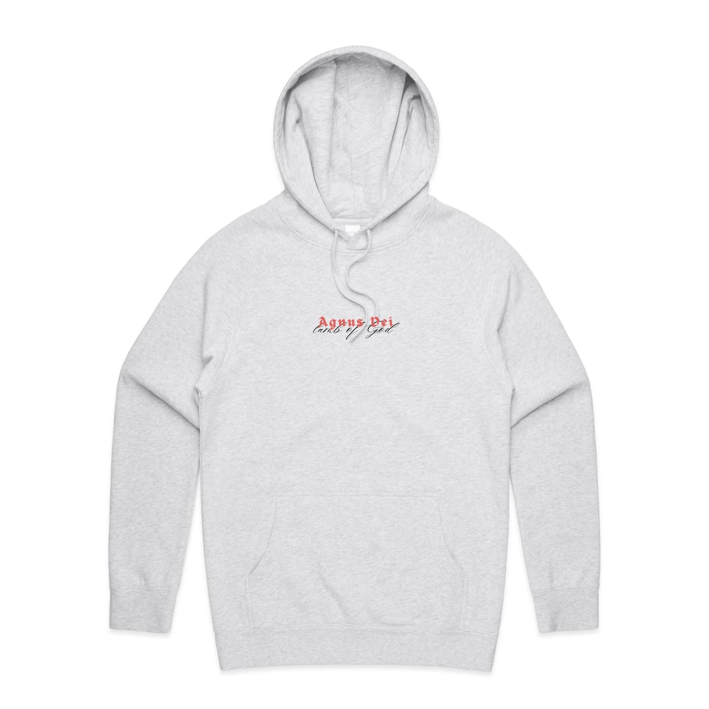 Christian hoodie featuring “Agnus Dei” in bold red gothic lettering, with “Lamb of God” in elegant black script beneath. A faith-based design by Lighthouse Christian Clothing, honoring Christ's sacrifice as the Lamb who takes away the sins of the world.