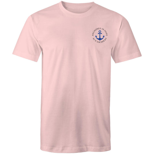 Christian t-shirt with left pocket print reading 'Anchored in Hope' and 'Hebrews 6:19' in black text, featuring a blue anchor illustration — faith-based encouragement apparel by Lighthouse Christian Clothing.