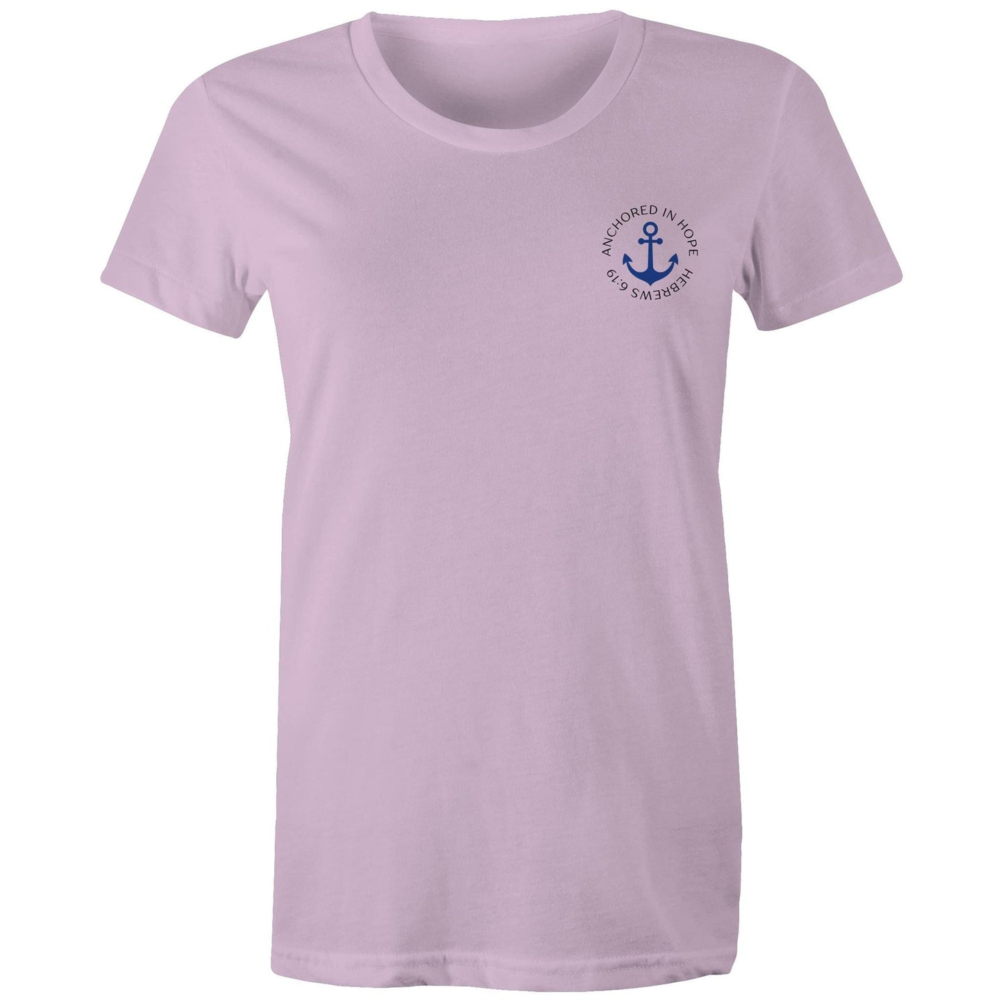 Christian t-shirt with left pocket print reading 'Anchored in Hope' and 'Hebrews 6:19' in black text, featuring a blue anchor illustration — faith-based encouragement apparel by Lighthouse Christian Clothing.