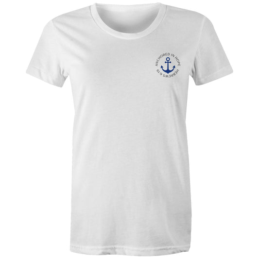 Christian t-shirt with left pocket print reading 'Anchored in Hope' and 'Hebrews 6:19' in black text, featuring a blue anchor illustration — faith-based encouragement apparel by Lighthouse Christian Clothing.