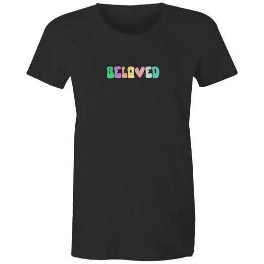 Christian t-shirt with colorful retro 'Beloved' design in pastel tones — faith-based apparel reminding of God's love by Lighthouse Christian Clothing.