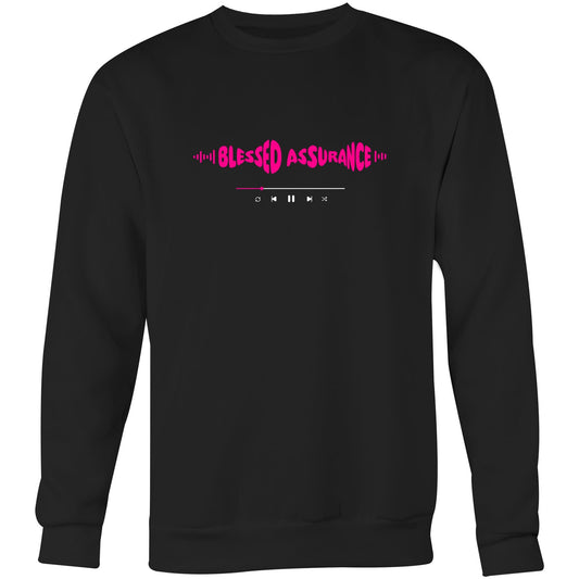 Black Christian crewneck sweatshirt with pink “BLESSED ASSURANCE” text in a sound wave style and a music play bar printed beneath it on the chest.