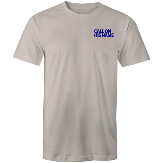 Christian t-shirt from Lighthouse Christian Clothing, featuring the phrase “Call on His name” in bold blue text over the left chest pocket area — a subtle yet powerful reminder of the gospel.