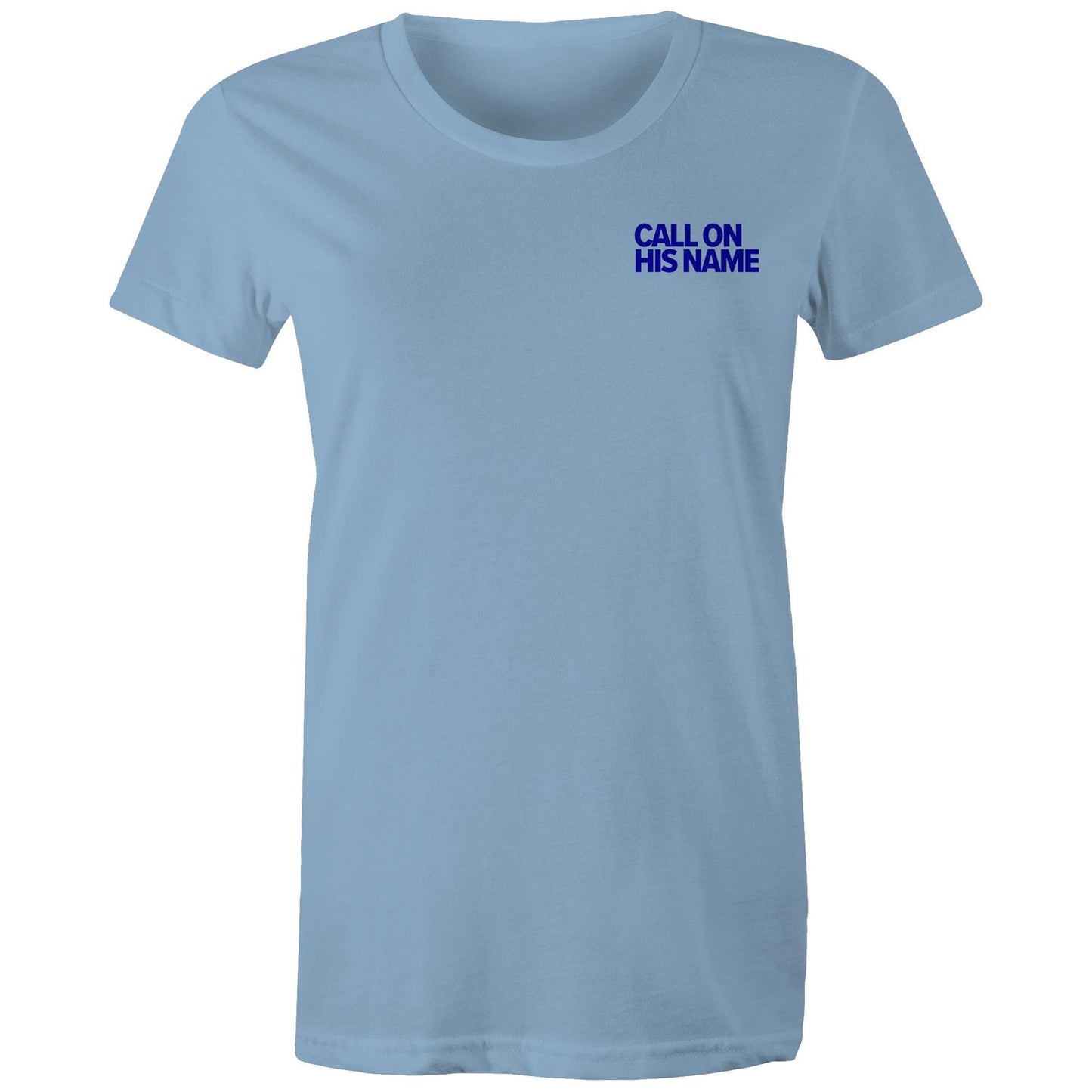Christian t-shirt from Lighthouse Christian Clothing, featuring the phrase “Call on His name” in bold blue text over the left chest pocket area — a subtle yet powerful reminder of the gospel.