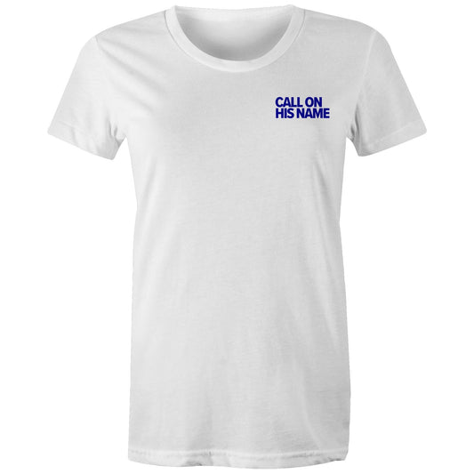 Christian t-shirt from Lighthouse Christian Clothing, featuring the phrase “Call on His name” in bold blue text over the left chest pocket area — a subtle yet powerful reminder of the gospel.