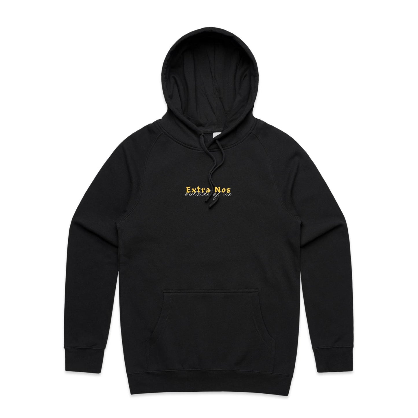 Christian hoodie featuring “Extra Nos” in bold yellow gothic lettering, with “outside of us” in elegant white script beneath. A faith-based design by Lighthouse Christian Clothing, highlighting the gospel truth that salvation is found outside of ourselves — in Christ alone.