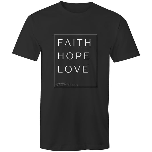 Christian t-shirt with 'Faith Hope Love' Bible verse design from 1 Corinthians 13:13 – minimalist faith-based apparel by Lighthouse Christian Clothing.