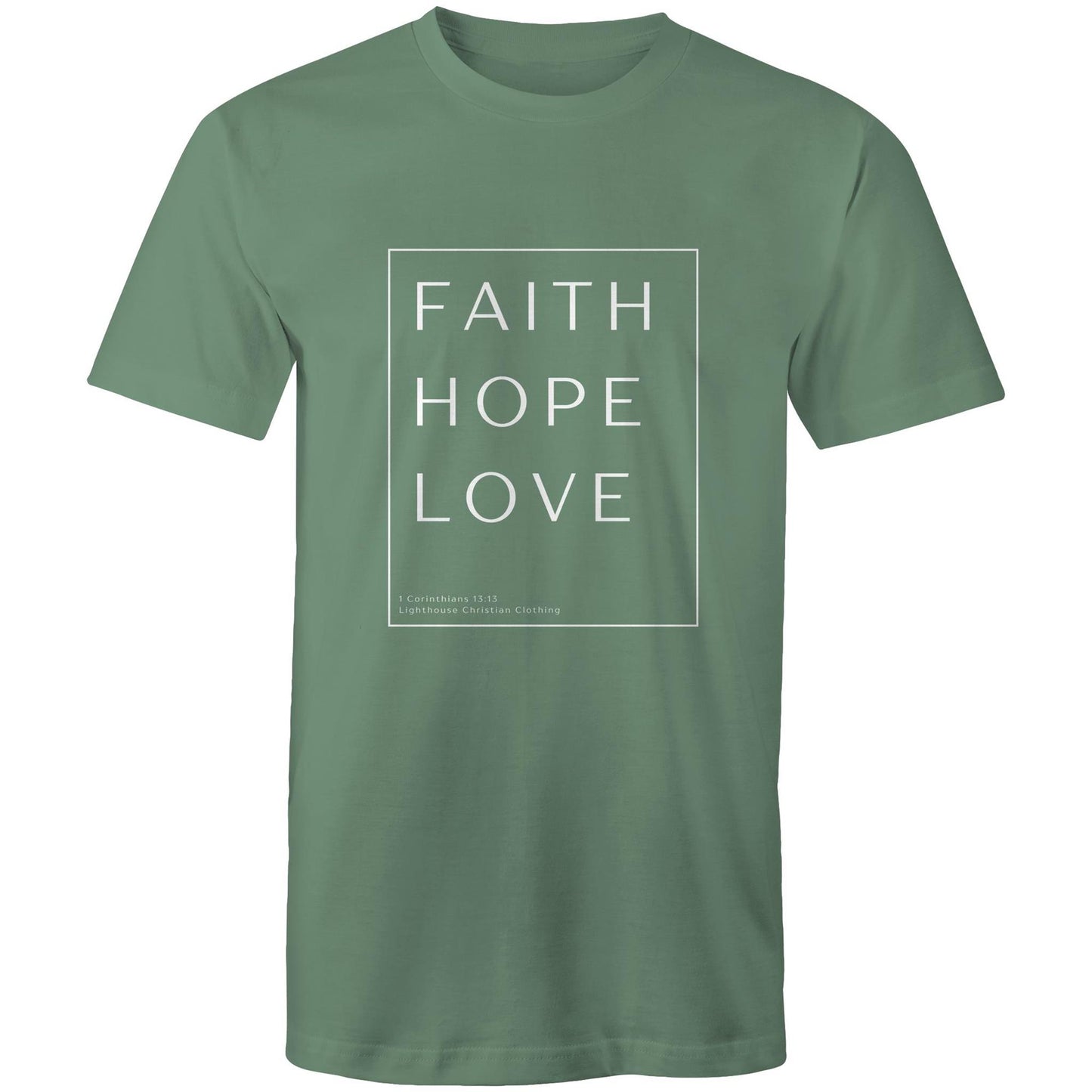 Christian t-shirt with 'Faith Hope Love' Bible verse design from 1 Corinthians 13:13 – minimalist faith-based apparel by Lighthouse Christian Clothing.