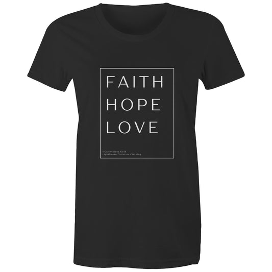 Christian t-shirt with 'Faith Hope Love' Bible verse design from 1 Corinthians 13:13 – minimalist faith-based apparel by Lighthouse Christian Clothing.