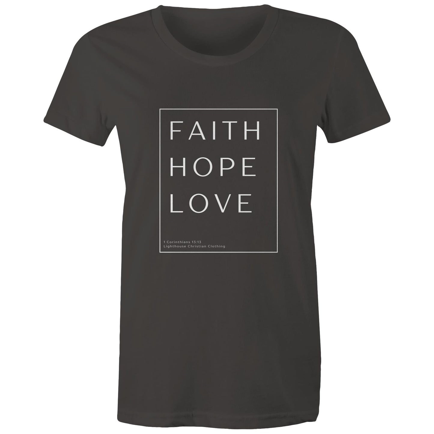 Christian t-shirt with 'Faith Hope Love' Bible verse design from 1 Corinthians 13:13 – minimalist faith-based apparel by Lighthouse Christian Clothing.