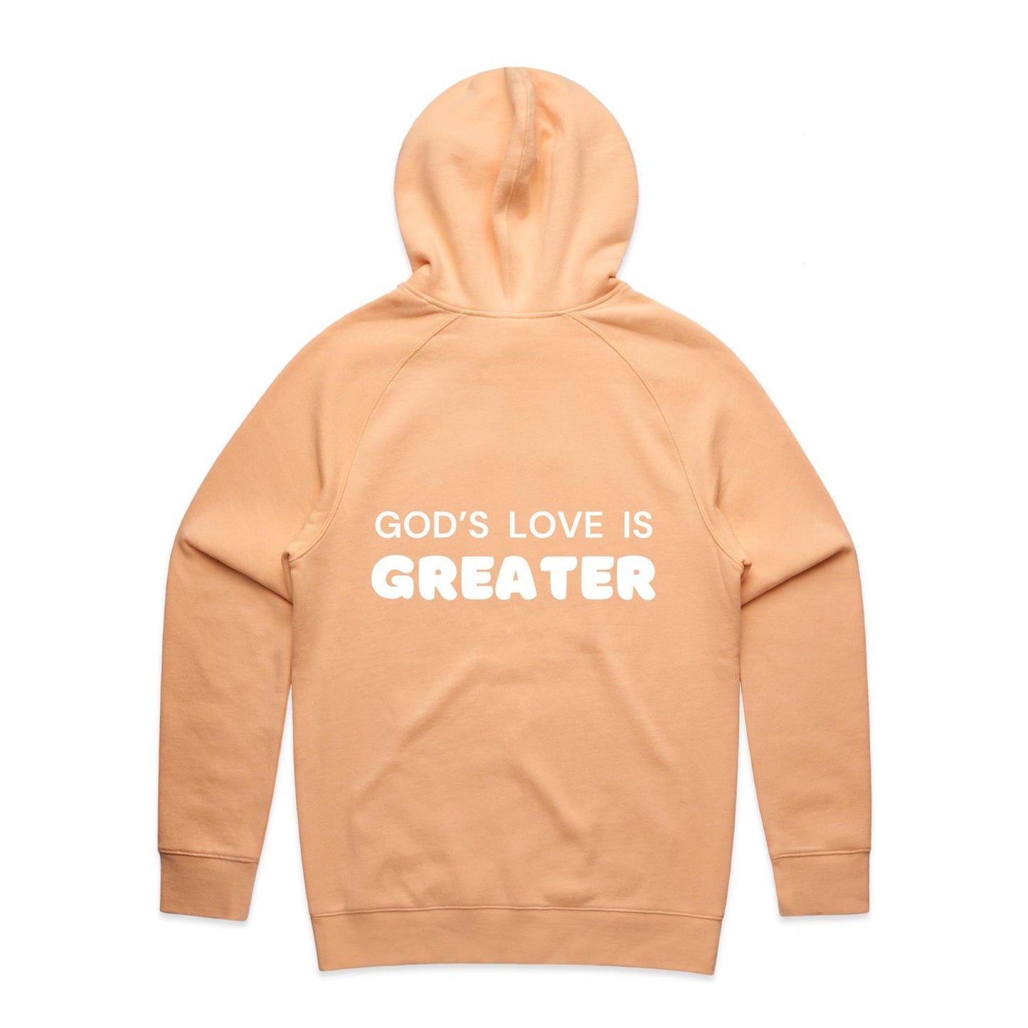 Christian hoodie with white text on the back that reads “God’s love is greater” — a faith-filled, comforting message about the unmatched love of Christ. Designed by Lighthouse Christian Clothing to inspire hope and share the gospel.