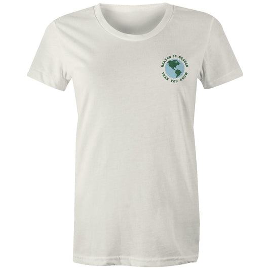 Christian t-shirt featuring a small globe graphic on the left chest with the words “Heaven is nearer than you know” — subtle encouragement in everyday wear, by Lighthouse Christian Clothing.