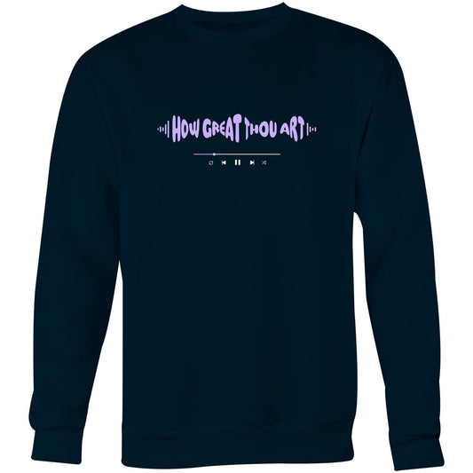 Navy Christian crewneck sweatshirt with purple “HOW GREAT THOU ART” text in a sound wave style and a music play bar printed beneath it on the chest.