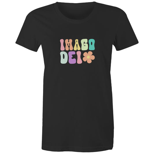 Christian t-shirt with colorful retro 'Imago Dei' design in pastel tones and flower graphic — faith-based apparel celebrating identity in God by Lighthouse Christian Clothing.