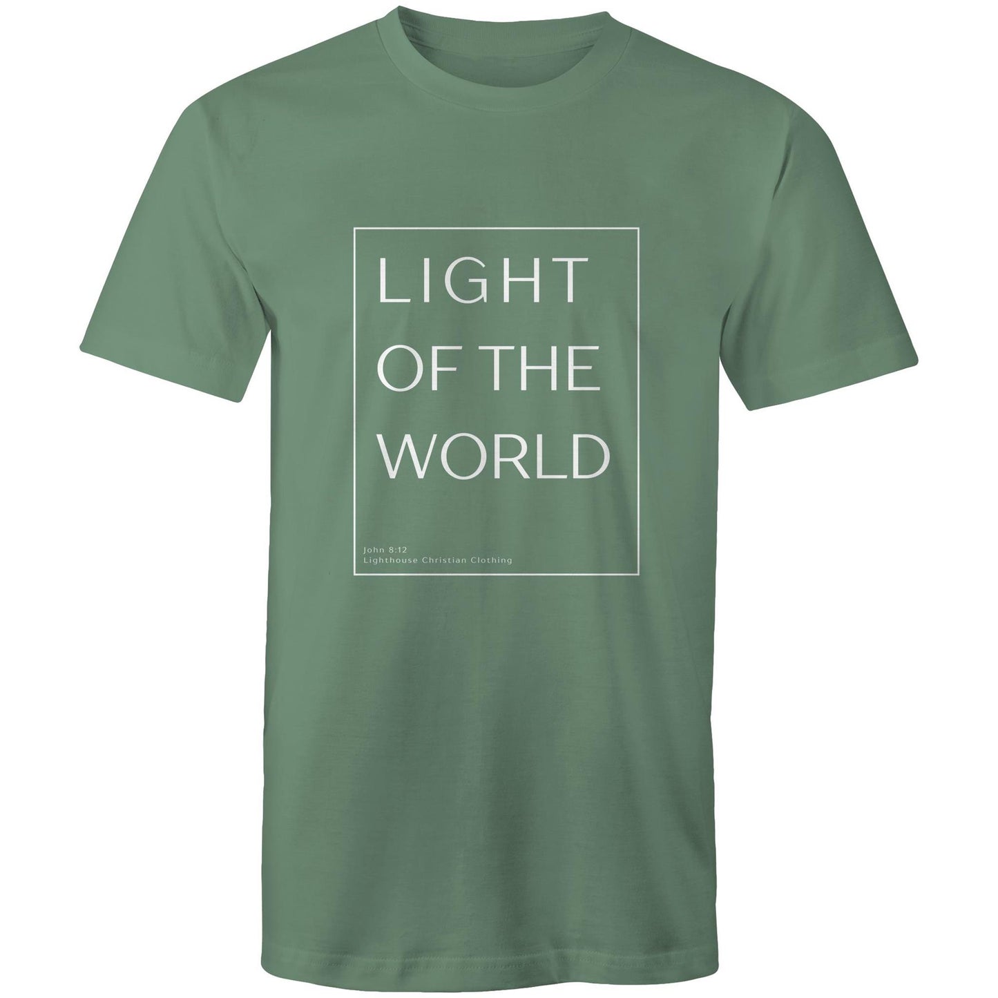 Christian t-shirt with 'Light of the world' Bible verse design from John 8:12 – minimalist faith-based apparel by Lighthouse Christian Clothing.