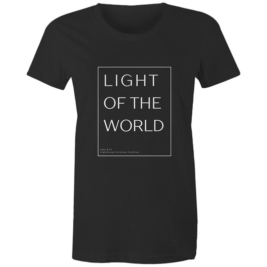 Christian t-shirt with 'Light of the world' Bible verse design from John 8:12 – minimalist faith-based apparel by Lighthouse Christian Clothing.