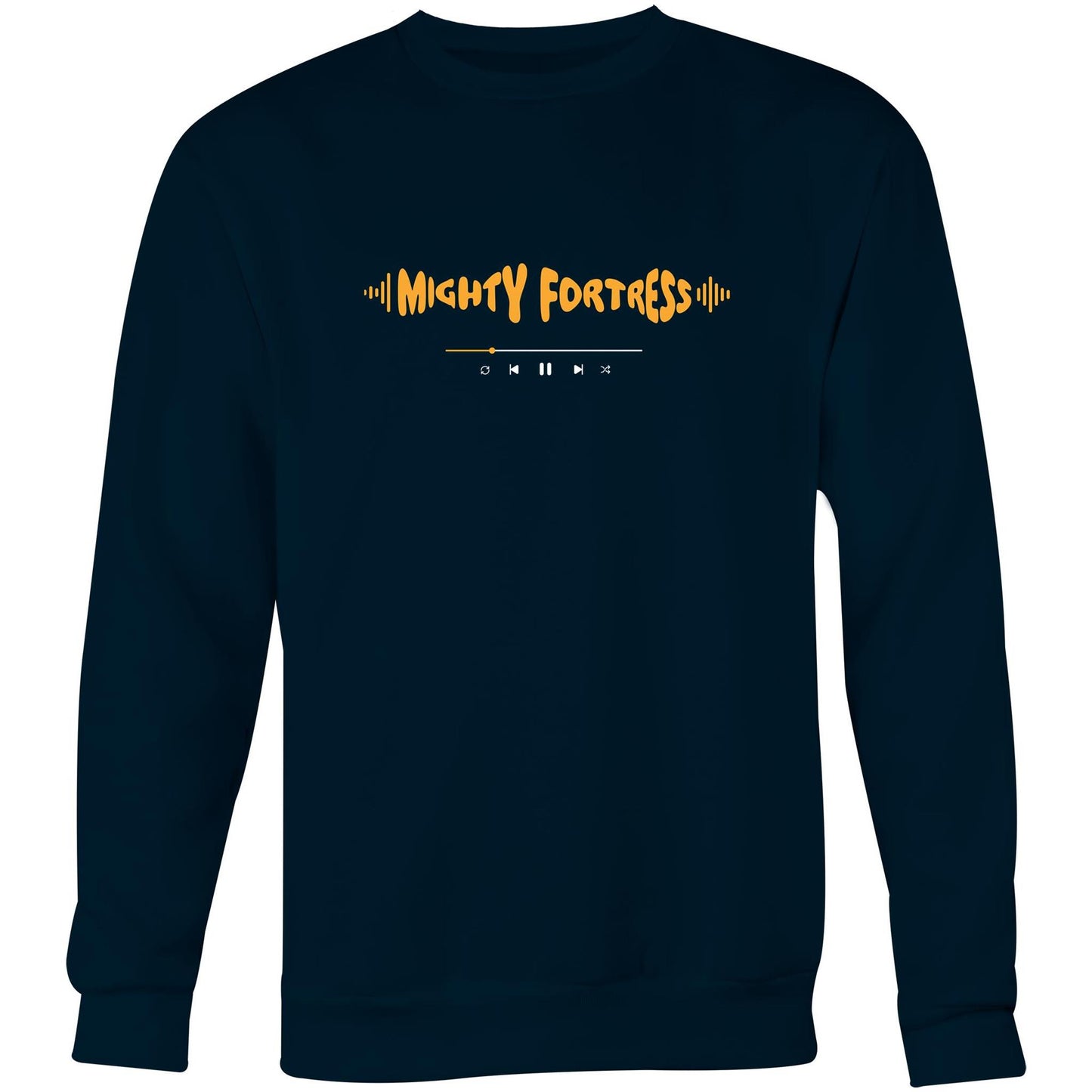 Navy Christian crewneck sweatshirt with orange “MIGHTY FORTRESS” text in a sound wave style and a music play bar printed beneath it on the chest.