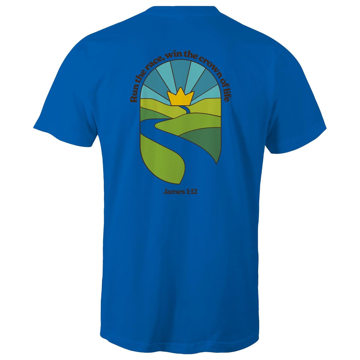 Christian graphic t-shirt featuring a stained-glass style illustration of rolling green hills leading into a golden crown in the sky, framed by the words “Run the race, win the crown of life” and James 1:12. Designed by Lighthouse Christian Clothing to inspire faith and perseverance.