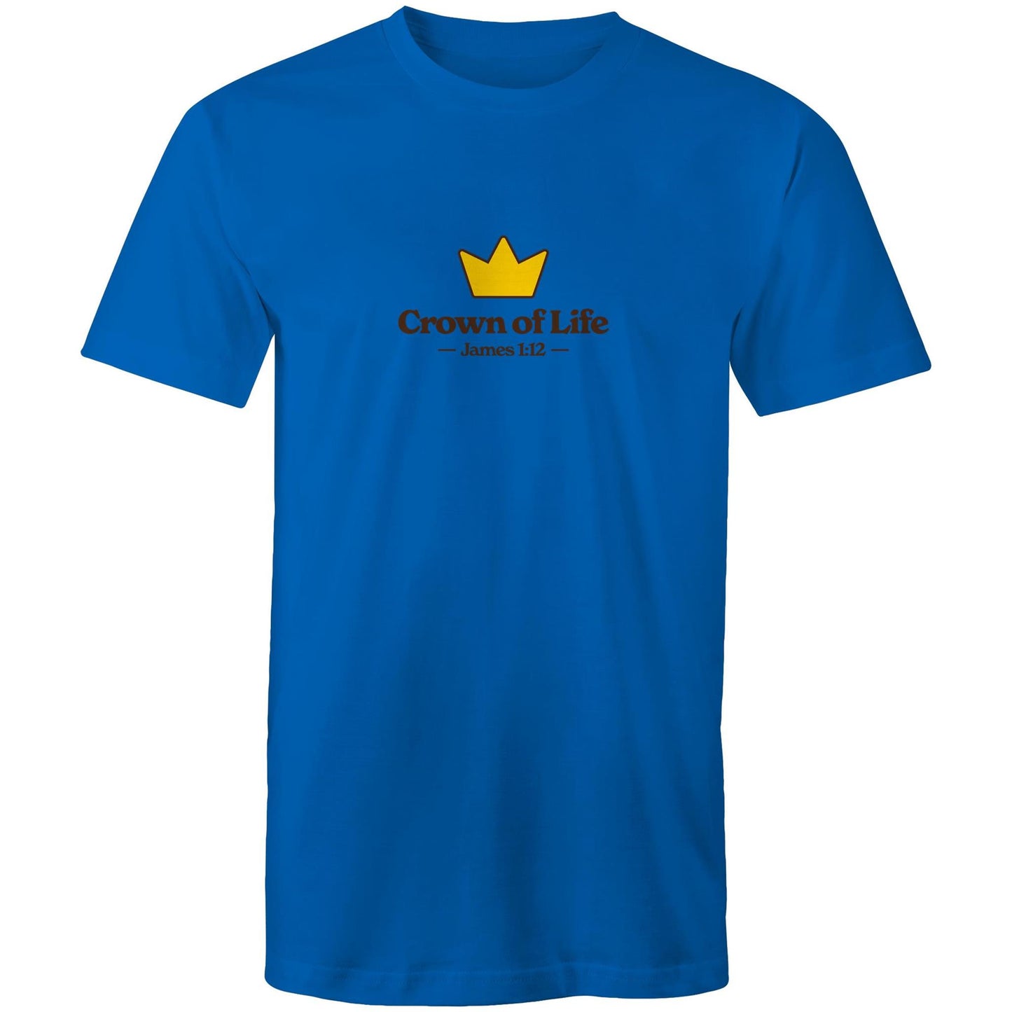 Christian t-shirt front featuring a golden crown and the words “Crown of Life – James 1:12” on the chest. A simple yet powerful design by Lighthouse Christian Clothing, pointing to eternal hope and reward.