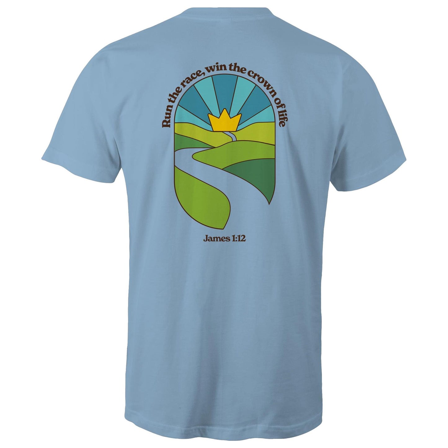 Christian graphic t-shirt featuring a stained-glass style illustration of rolling green hills leading into a golden crown in the sky, framed by the words “Run the race, win the crown of life” and James 1:12. Designed by Lighthouse Christian Clothing to inspire faith and perseverance.
