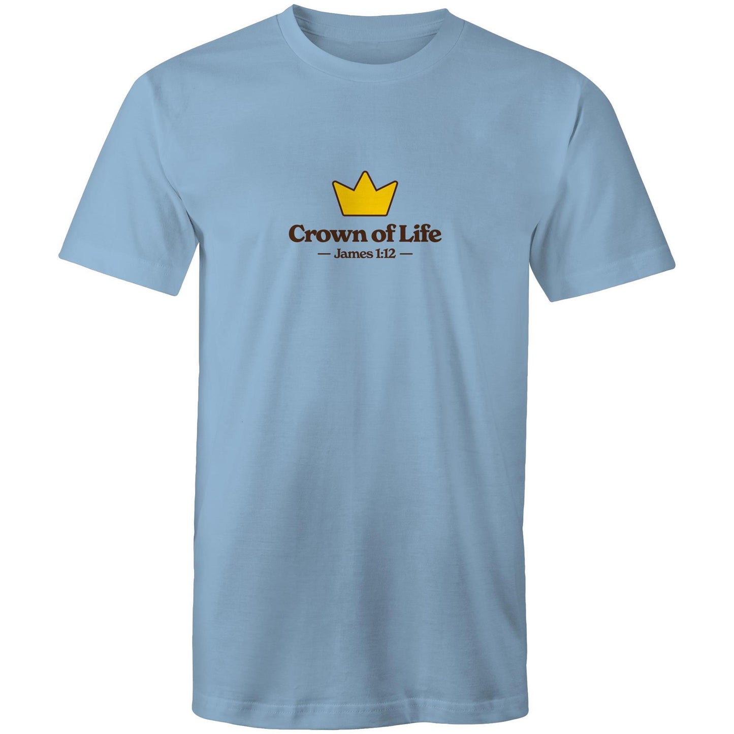 Christian t-shirt front featuring a golden crown and the words “Crown of Life – James 1:12” on the chest. A simple yet powerful design by Lighthouse Christian Clothing, pointing to eternal hope and reward.