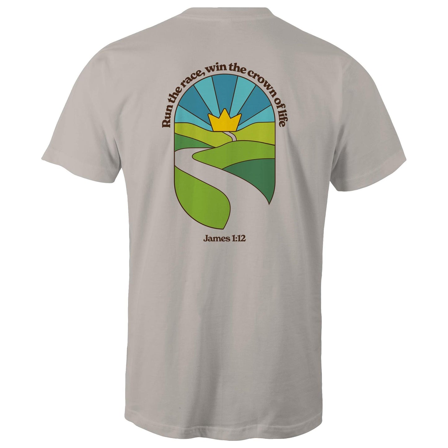 Christian graphic t-shirt featuring a stained-glass style illustration of rolling green hills leading into a golden crown in the sky, framed by the words “Run the race, win the crown of life” and James 1:12. Designed by Lighthouse Christian Clothing to inspire faith and perseverance.