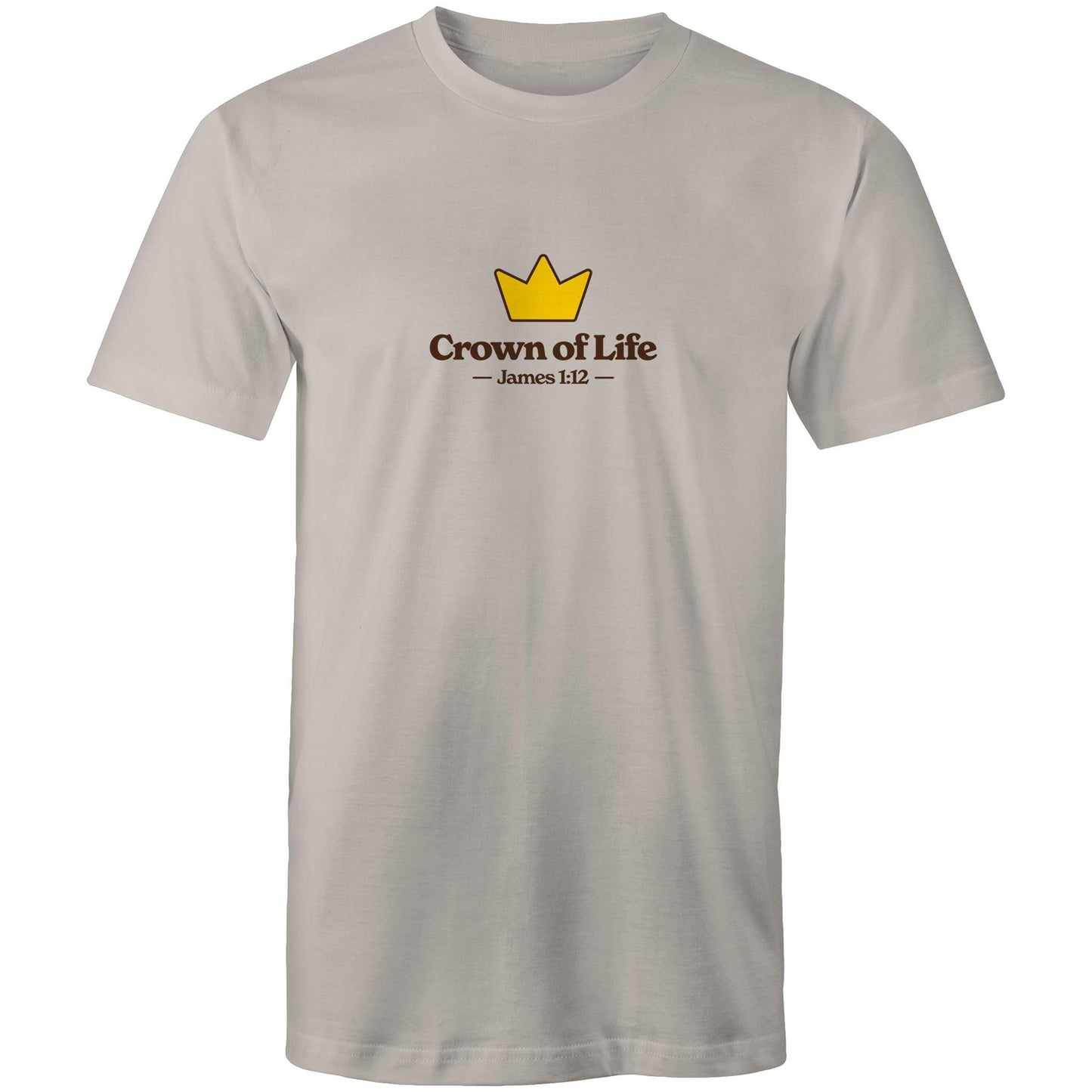 Christian t-shirt front featuring a golden crown and the words “Crown of Life – James 1:12” on the chest. A simple yet powerful design by Lighthouse Christian Clothing, pointing to eternal hope and reward.