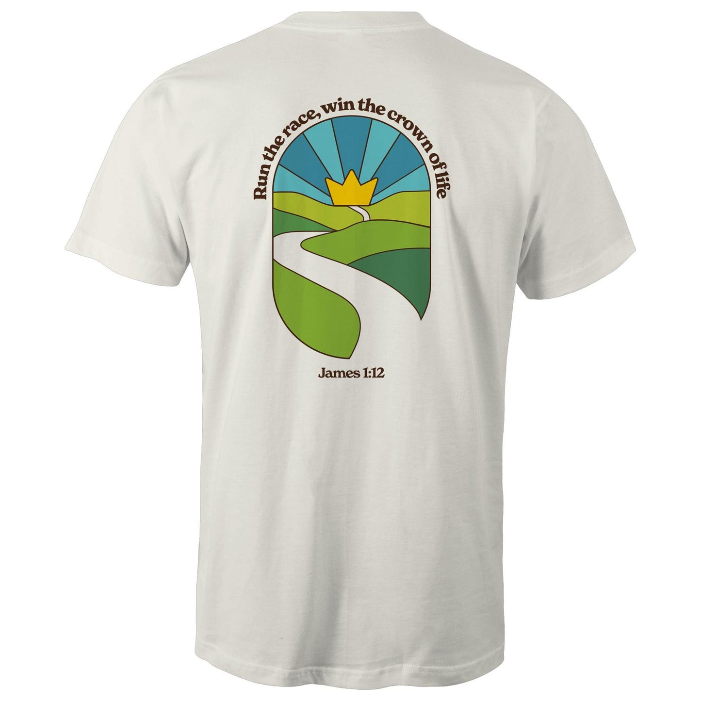 Christian graphic t-shirt featuring a stained-glass style illustration of rolling green hills leading into a golden crown in the sky, framed by the words “Run the race, win the crown of life” and James 1:12. Designed by Lighthouse Christian Clothing to inspire faith and perseverance.
