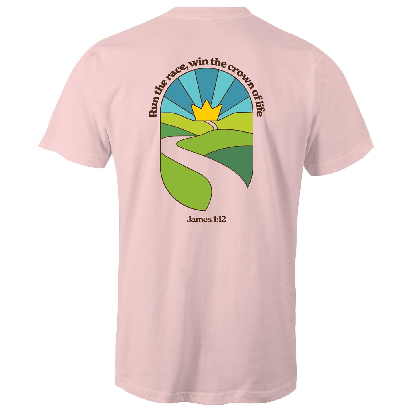Christian graphic t-shirt featuring a stained-glass style illustration of rolling green hills leading into a golden crown in the sky, framed by the words “Run the race, win the crown of life” and James 1:12. Designed by Lighthouse Christian Clothing to inspire faith and perseverance.