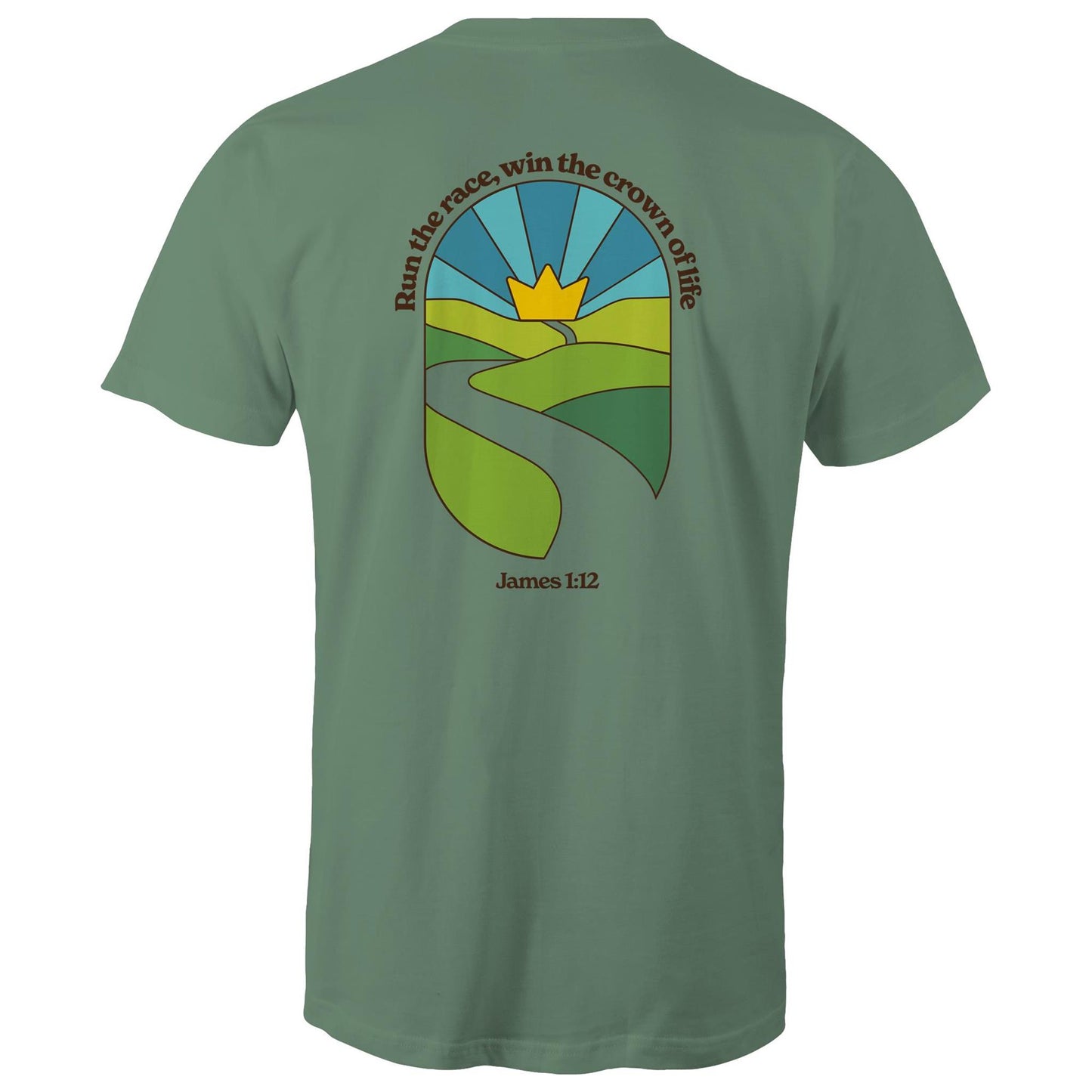 Christian graphic t-shirt featuring a stained-glass style illustration of rolling green hills leading into a golden crown in the sky, framed by the words “Run the race, win the crown of life” and James 1:12. Designed by Lighthouse Christian Clothing to inspire faith and perseverance.