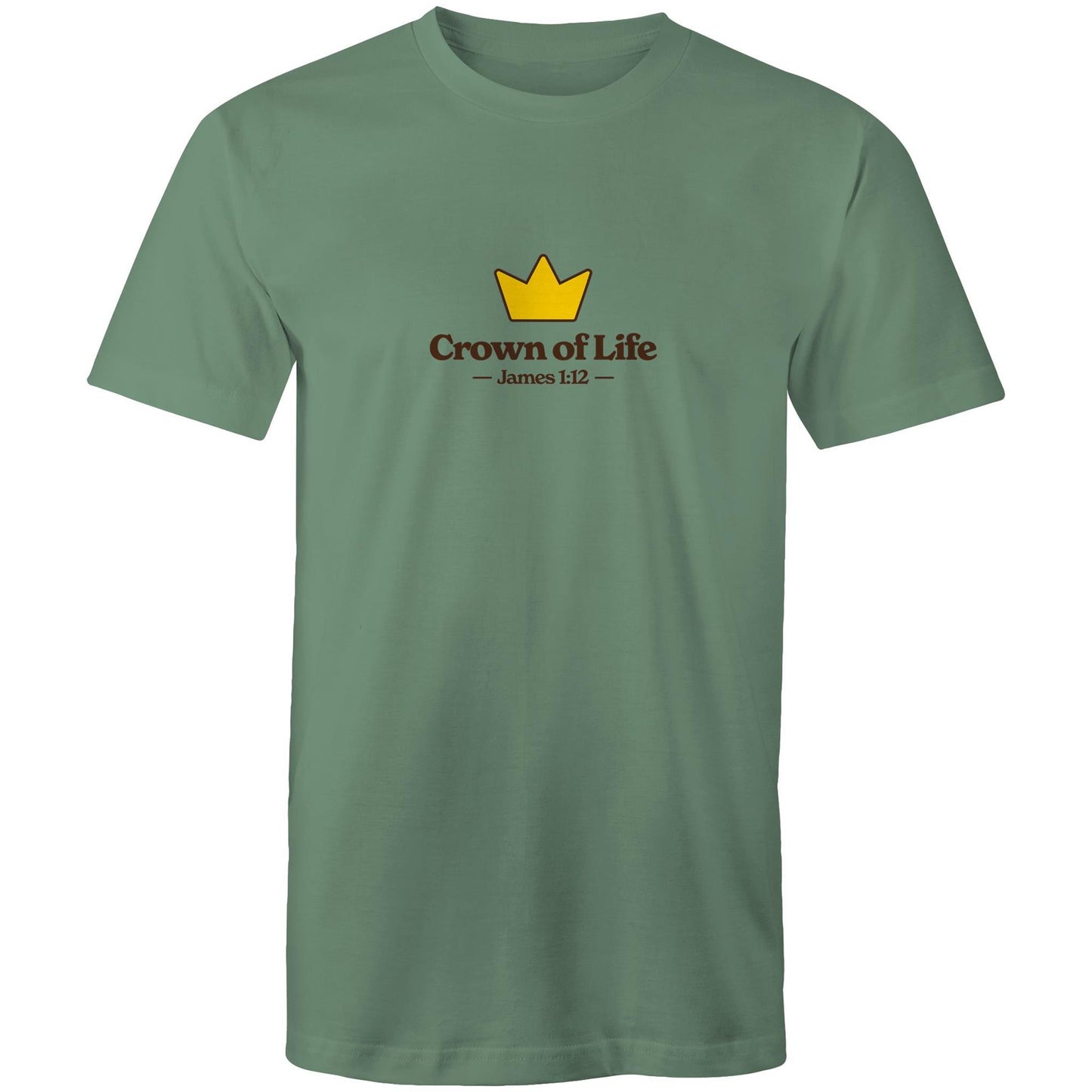 Christian t-shirt front featuring a golden crown and the words “Crown of Life – James 1:12” on the chest. A simple yet powerful design by Lighthouse Christian Clothing, pointing to eternal hope and reward.