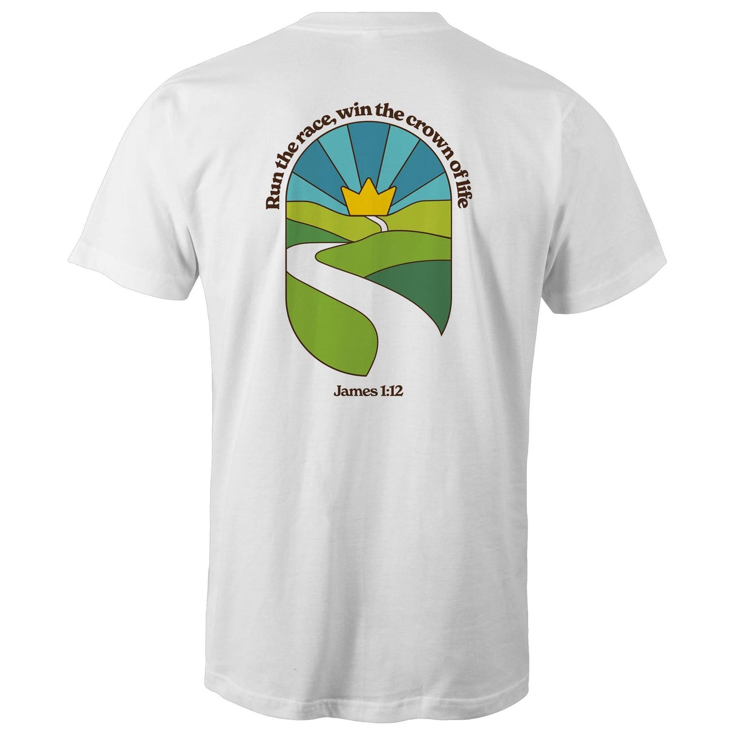 Christian graphic t-shirt featuring a stained-glass style illustration of rolling green hills leading into a golden crown in the sky, framed by the words “Run the race, win the crown of life” and James 1:12. Designed by Lighthouse Christian Clothing to inspire faith and perseverance.