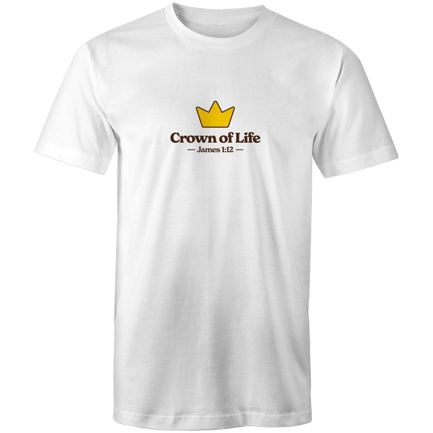 Christian t-shirt front featuring a golden crown and the words “Crown of Life – James 1:12” on the chest. A simple yet powerful design by Lighthouse Christian Clothing, pointing to eternal hope and reward.