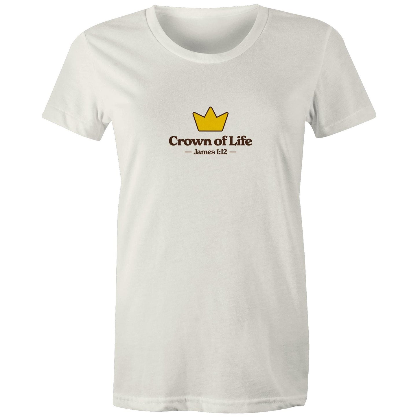 Christian t-shirt front featuring a golden crown and the words “Crown of Life – James 1:12” on the chest. A simple yet powerful design by Lighthouse Christian Clothing, pointing to eternal hope and reward.