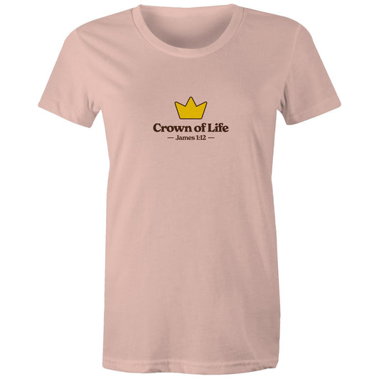 Christian t-shirt front featuring a golden crown and the words “Crown of Life – James 1:12” on the chest. A simple yet powerful design by Lighthouse Christian Clothing, pointing to eternal hope and reward.