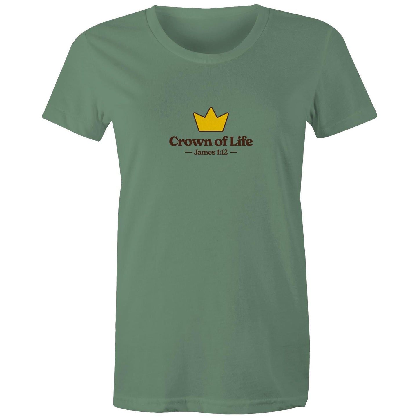 Christian t-shirt front featuring a golden crown and the words “Crown of Life – James 1:12” on the chest. A simple yet powerful design by Lighthouse Christian Clothing, pointing to eternal hope and reward.