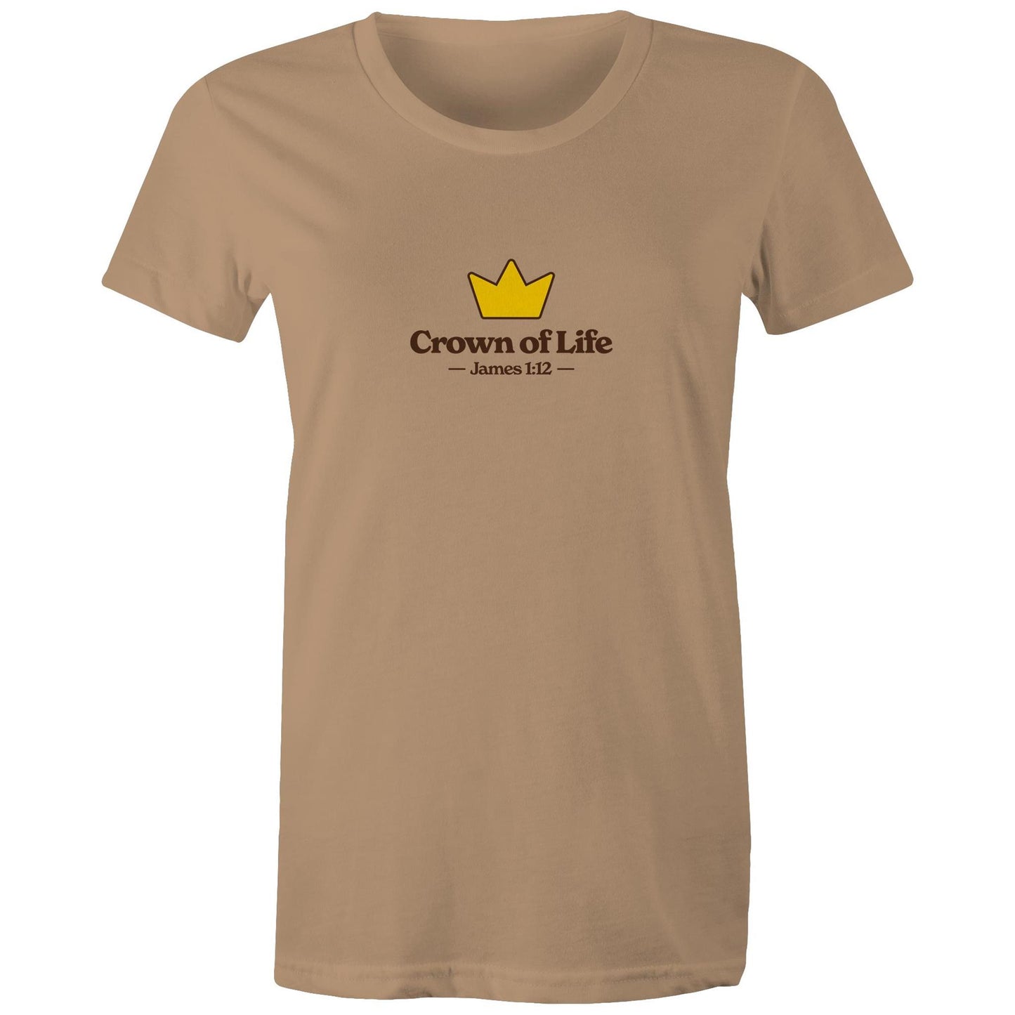 Christian t-shirt front featuring a golden crown and the words “Crown of Life – James 1:12” on the chest. A simple yet powerful design by Lighthouse Christian Clothing, pointing to eternal hope and reward.