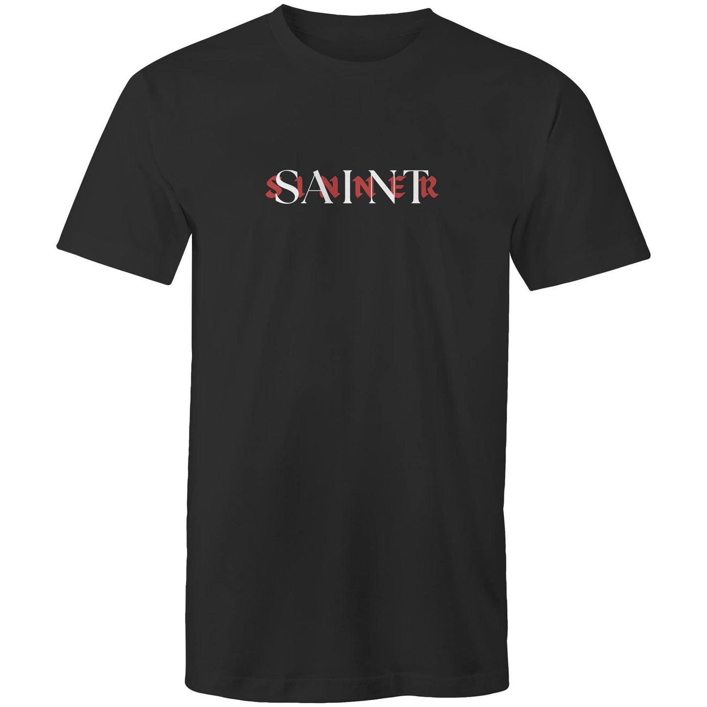 Christian t-shirt with bold SAINT/SINNER text graphic — red and white typographic design representing grace and identity in Christ, by Lighthouse Christian Clothing.