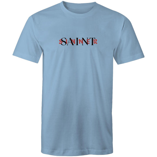 Christian t-shirt with bold SAINT/SINNER text graphic — red and black typographic design representing grace and identity in Christ, by Lighthouse Christian Clothing.