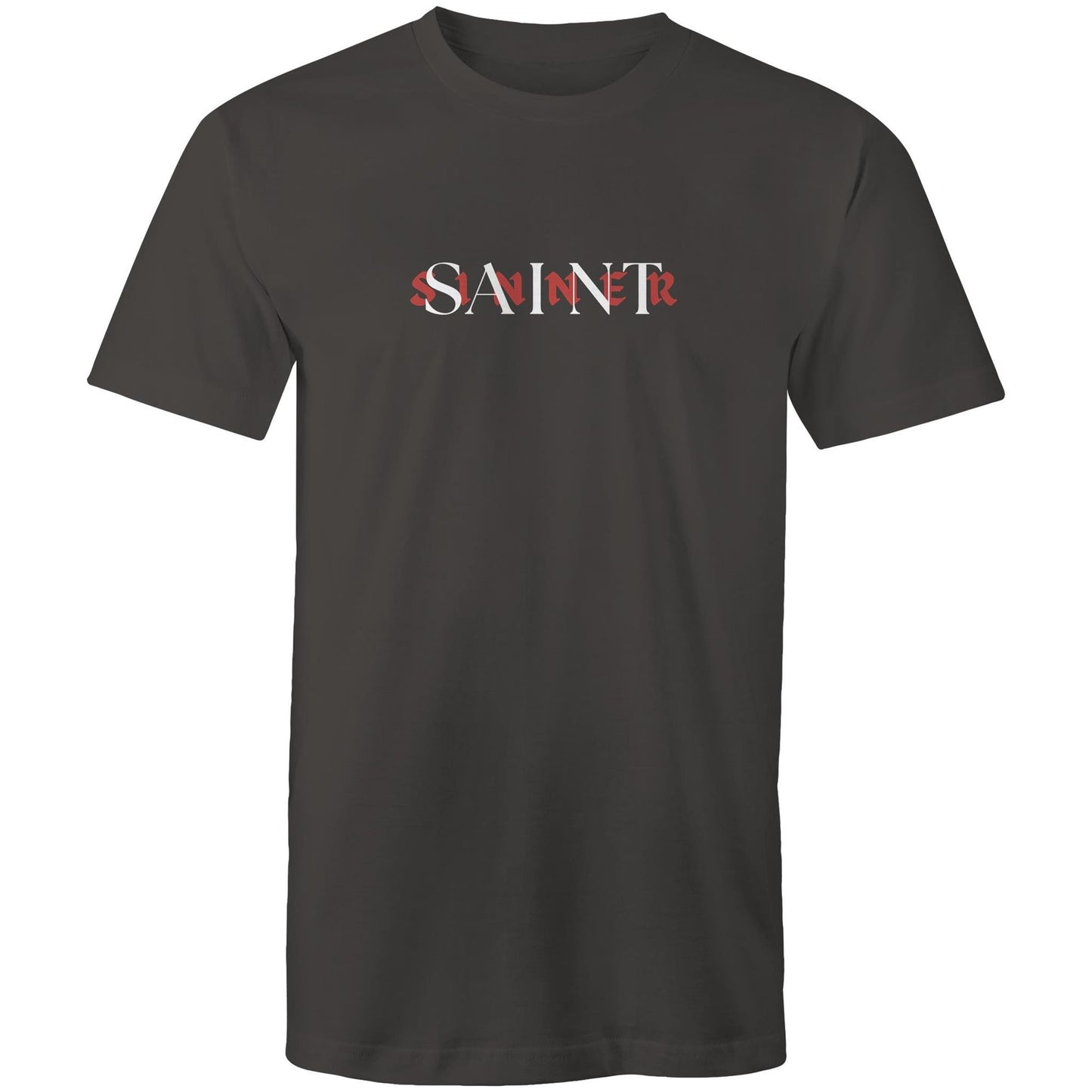 Christian t-shirt with bold SAINT/SINNER text graphic — red and white typographic design representing grace and identity in Christ, by Lighthouse Christian Clothing.