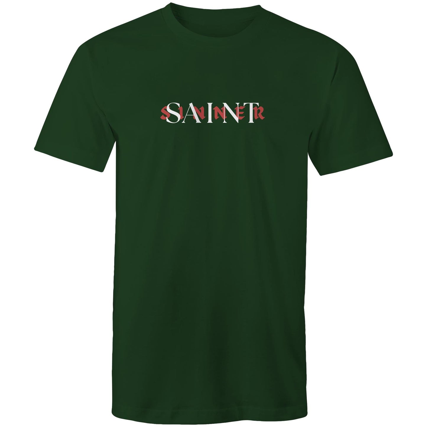Christian t-shirt with bold SAINT/SINNER text graphic — red and white typographic design representing grace and identity in Christ, by Lighthouse Christian Clothing.