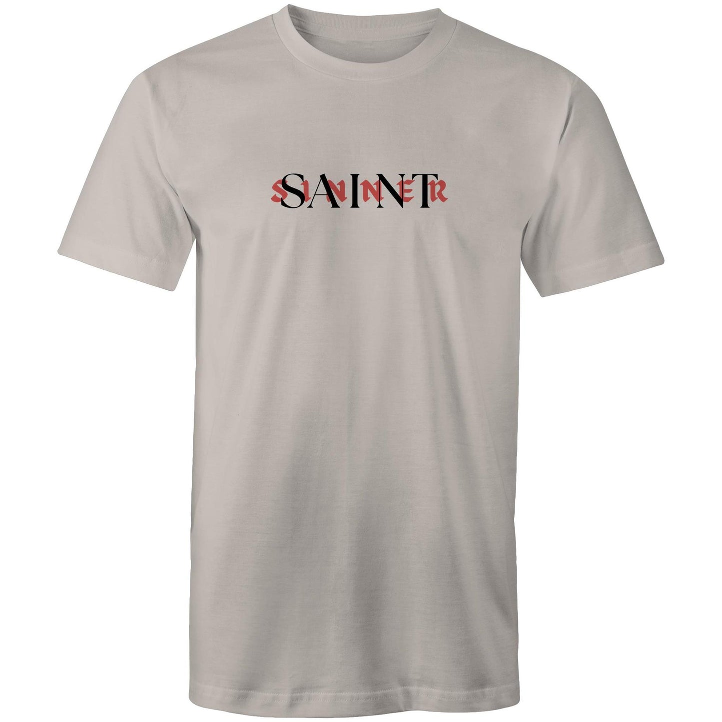 Christian t-shirt with bold SAINT/SINNER text graphic — red and black typographic design representing grace and identity in Christ, by Lighthouse Christian Clothing.