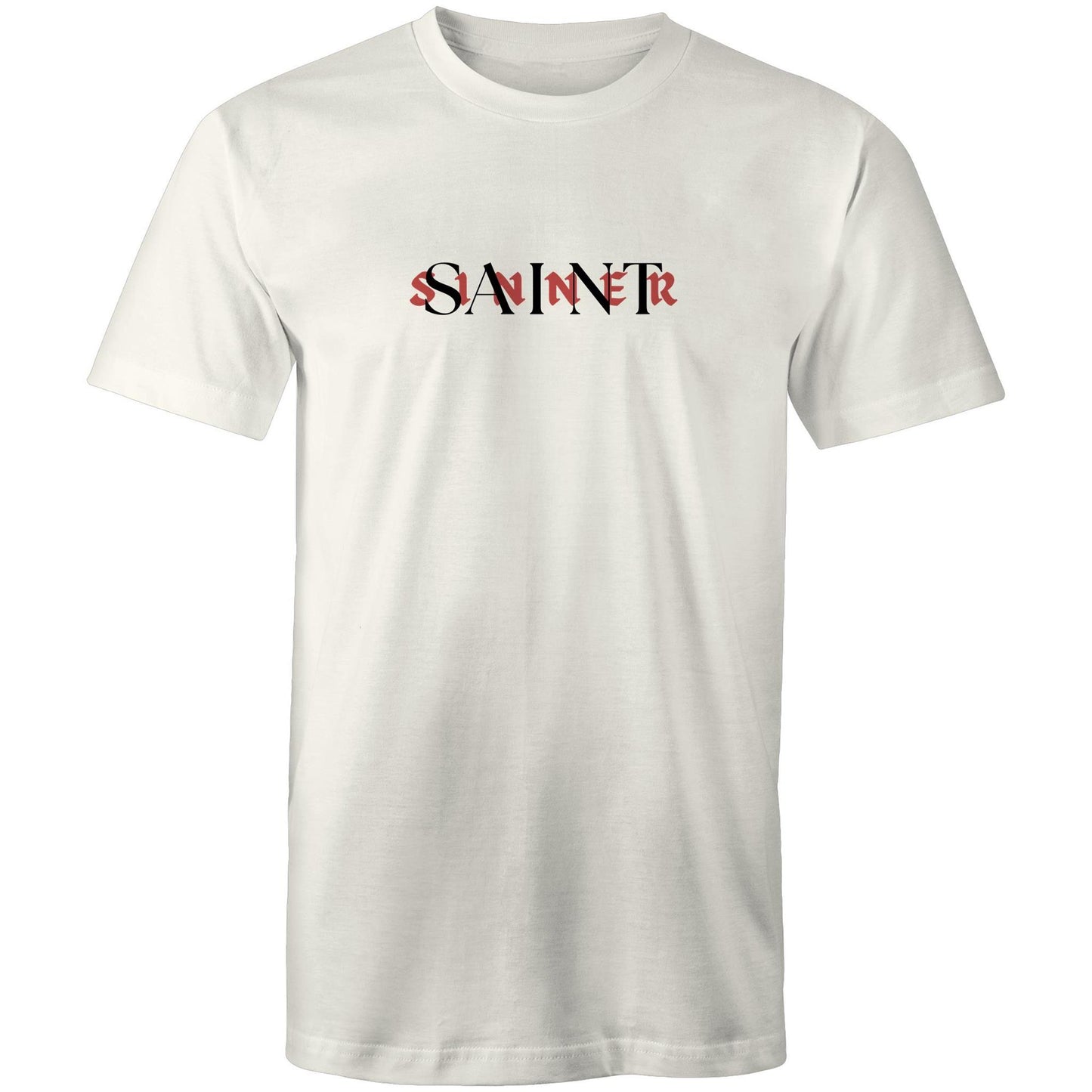 Christian t-shirt with bold SAINT/SINNER text graphic — red and black typographic design representing grace and identity in Christ, by Lighthouse Christian Clothing.