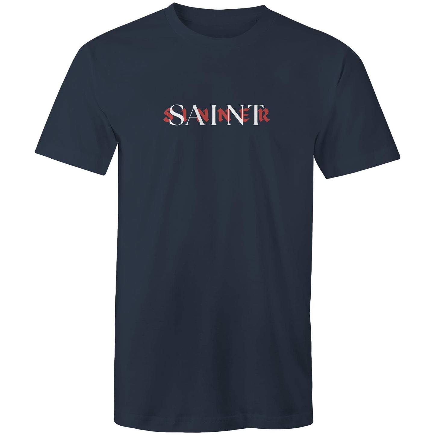 Christian t-shirt with bold SAINT/SINNER text graphic — red and white typographic design representing grace and identity in Christ, by Lighthouse Christian Clothing.