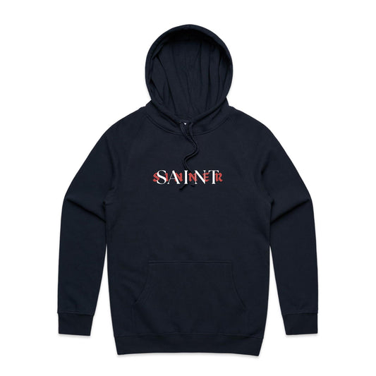 Christian hoodie featuring SAINT/SINNER typographic design in bold red and white — gospel-inspired message of grace and identity, from Lighthouse Christian Clothing.
