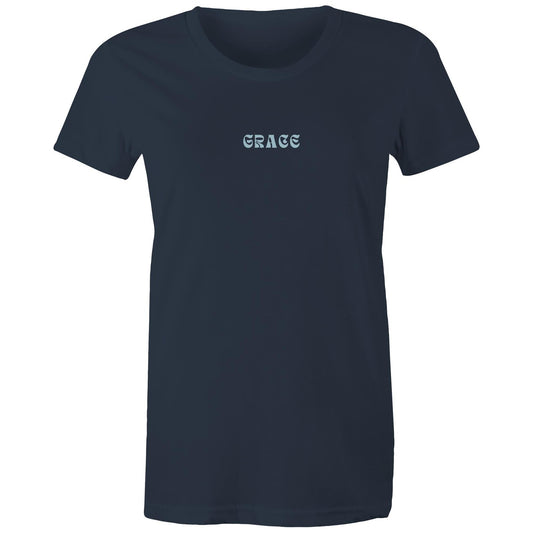 Front view of a navy Christian T-shirt with the word “GRACE” printed in blue stylized letters on the chest.