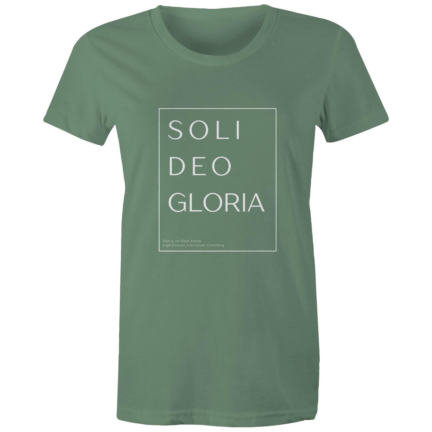 Christian t-shirt featuring 'Soli Deo Gloria' design in bold white text — meaning 'Glory to God Alone' — minimalist faith-based apparel by Lighthouse Christian Clothing.