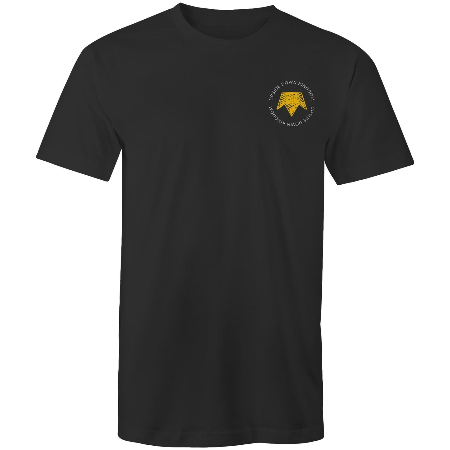 Christian t-shirt with left pocket print reading 'Upside Down Kingdom' and a yellow upside-down crown — minimalist faith-based design by Lighthouse Christian Clothing.